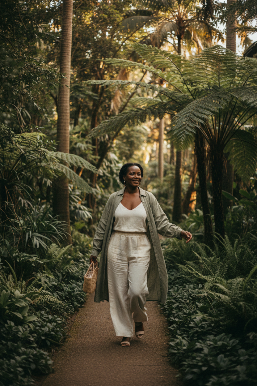 Black South African woman in her early 50s walking through a peaceful botanical garden during the golden hour, relaxed smile, soft linen clothing, natural movement, lush greenery, premium wellness magazine aesthetic, Scandinavian simplicity