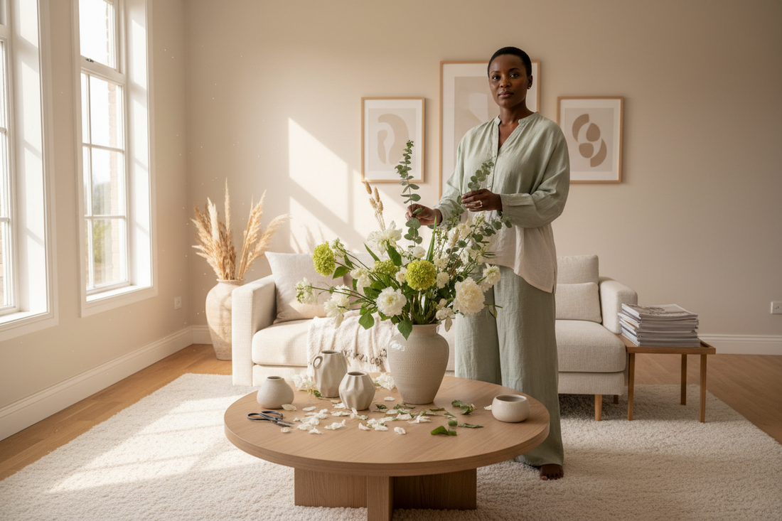 Coloured South African woman in her early 40s arranging fresh flowers in a bright, peaceful home, soft linen clothing, warm natural morning light, calm confident expression, Scandinavian-inspired interior, premium wellness magazine aesthetic