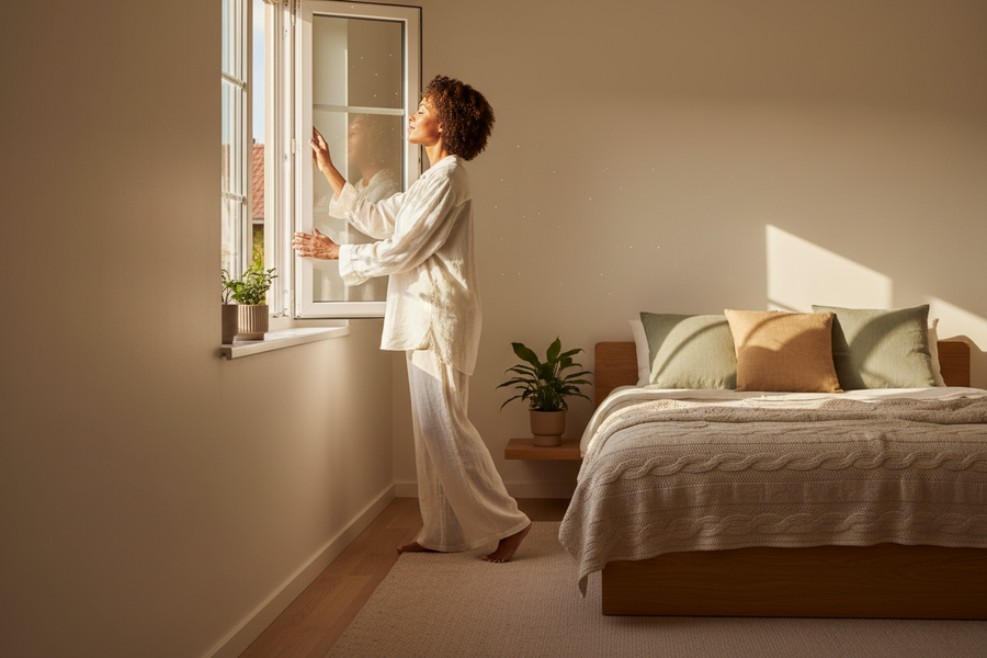 South African woman in her early 50s opening a bedroom window at sunrise, wearing soft linen sleepwear, peaceful expression, fresh morning air, Scandinavian-inspired bedroom