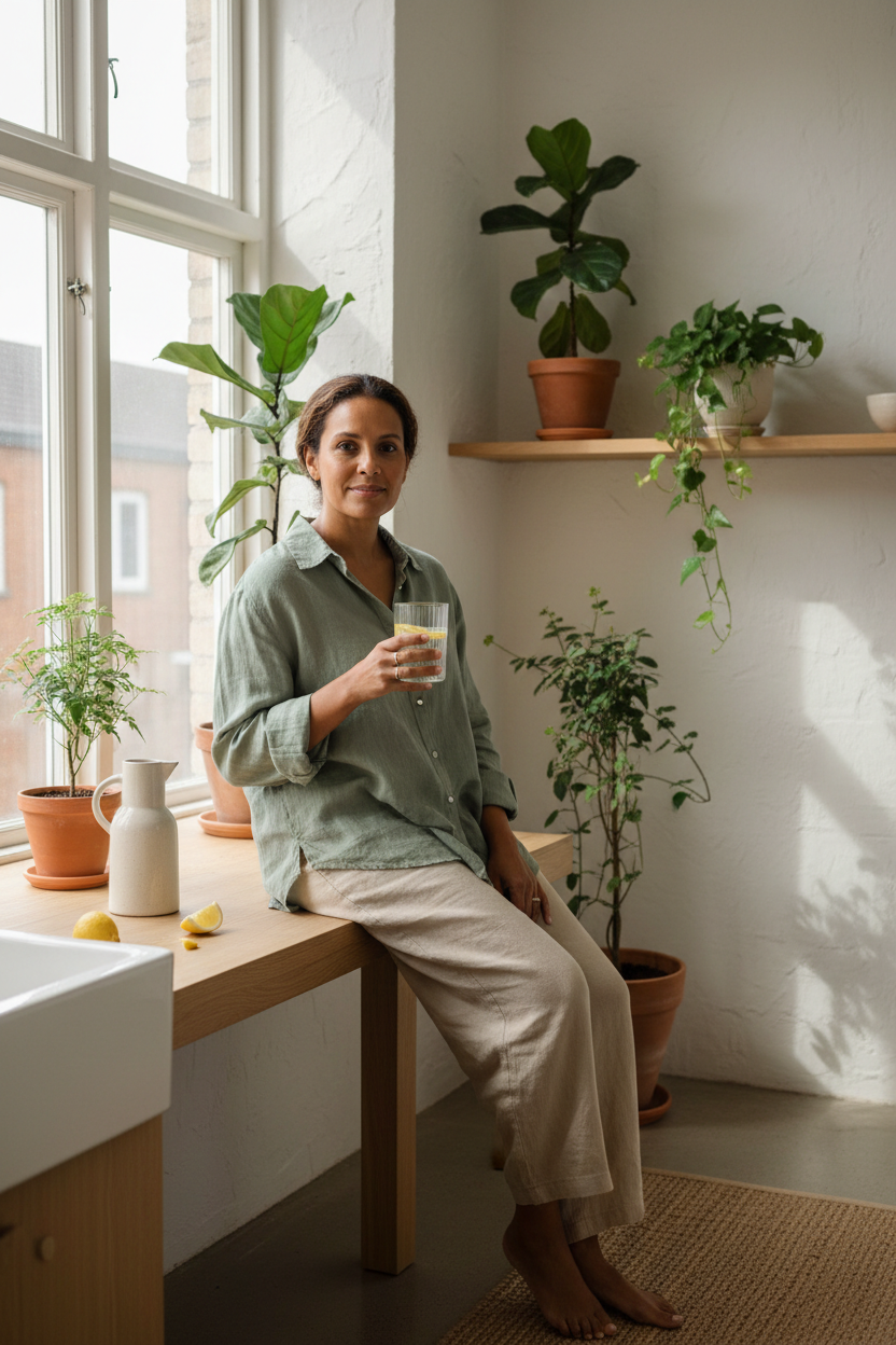 Coloured South African woman in her mid-40s enjoying a refreshing glass of water infused with lemon beside a bright kitchen window, soft linen clothing, indoor plants, natural morning light