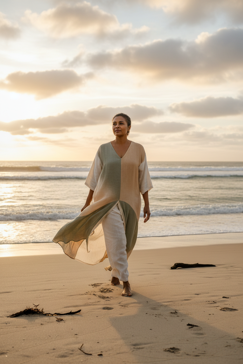 Indian South African woman in her mid-50s walking barefoot along a quiet beach at sunrise, soft linen clothing moving in the breeze, calm confident expression, gentle ocean light, premium wellness magazine aesthetic