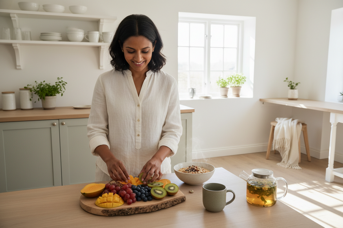 Editorial wellness photography, South African woman of Indian heritage in her mid-40s preparing a colourful breakfast in a bright Scandinavian-inspired kitchen, fresh fruit, whole grains and herbal tea, warm natural morning light