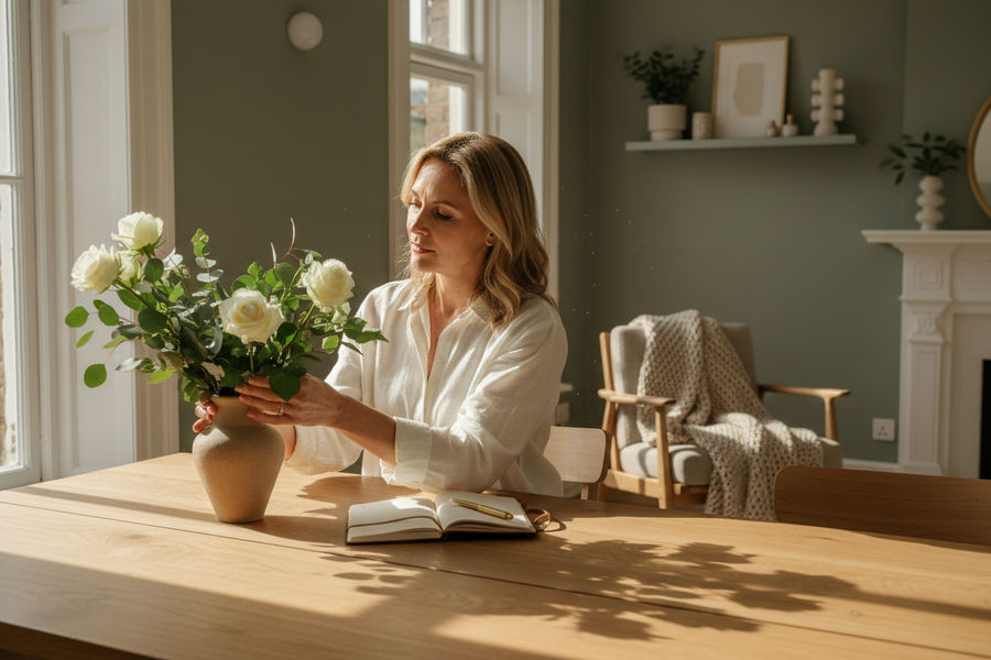 White South African woman in her early 40s arranging fresh flowers and writing in a journal at a sunlit wooden table, soft linen blouse, warm morning light, Scandinavian-inspired home, authentic lifestyle