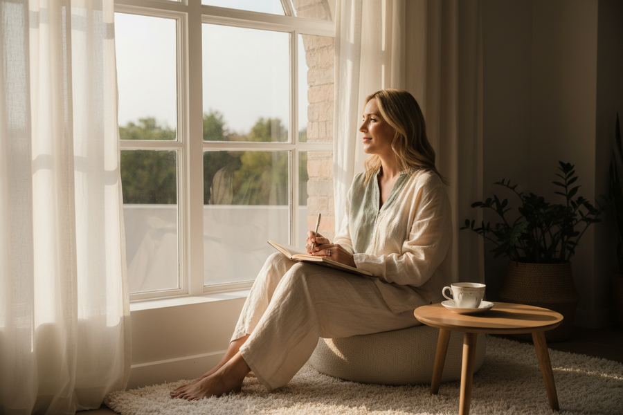 Editorial wellness photography, White South African woman in her late 30s sitting beside a large window with a journal and cup of tea, soft linen clothing, thoughtful peaceful expression