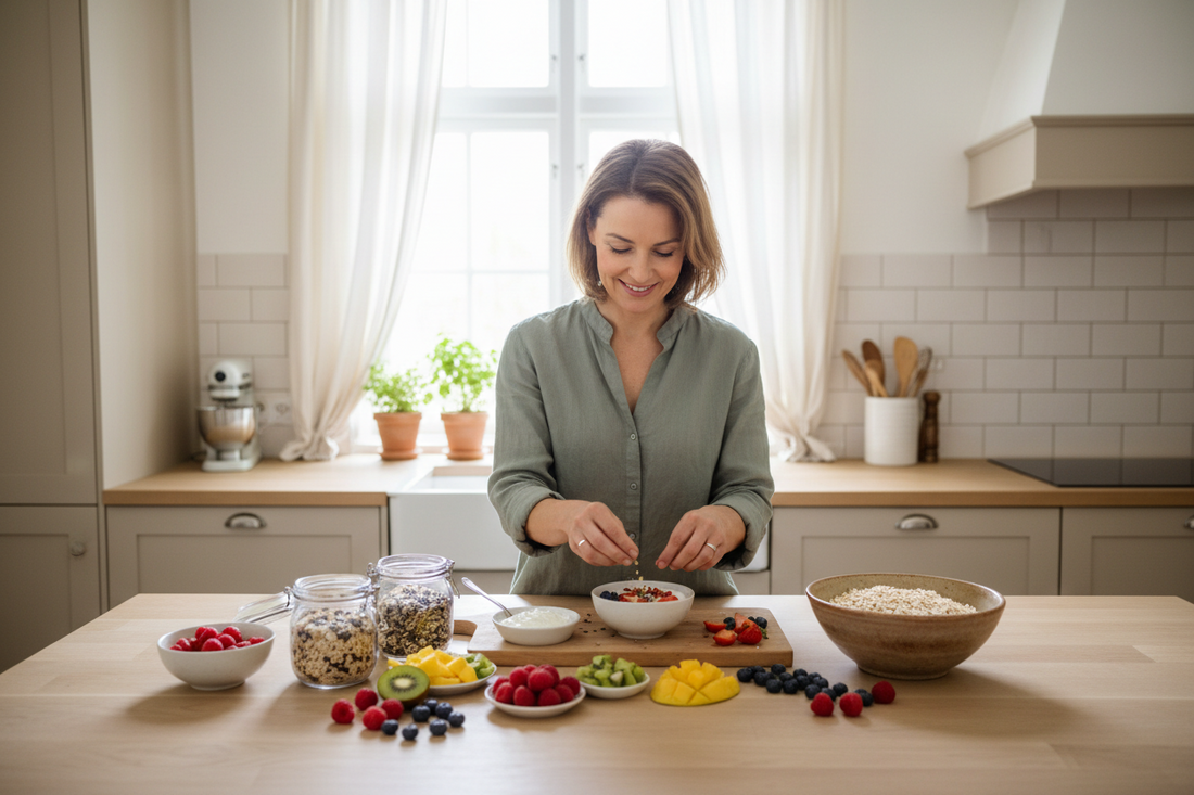Editorial wellness photography, woman in her early 40s preparing a colourful breakfast with fresh fruit, yogurt, seeds and whole grains in a bright kitchen