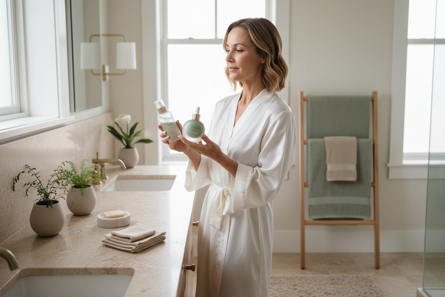 Editorial wellness photography, woman in her early 50s choosing between two elegant skincare-style bottles in a calm bathroom, soft natural morning light, relaxed and confident, beige, ivory and muted sage palette, premium lifestyle photography