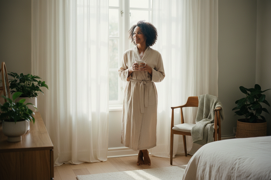 Editorial wellness photography, woman in her early 50s in a soft linen robe beside a bright bedroom window, holding a warm cup of tea