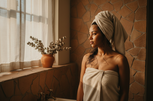 Woman standing by a sunlit bathroom window wrapped in a towel, reflecting quietly in warm golden light.