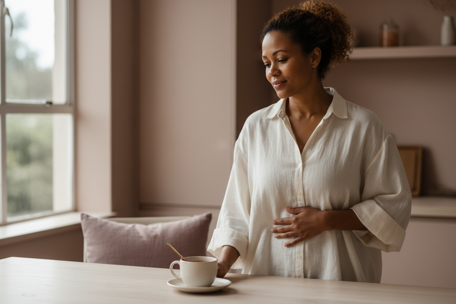 Woman pausing at a kitchen table with a hand resting gently on her stomach in soft daylight