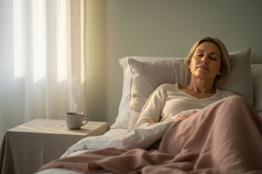 Woman resting peacefully in bed near sheer curtains with soft morning light and a cup of tea beside her