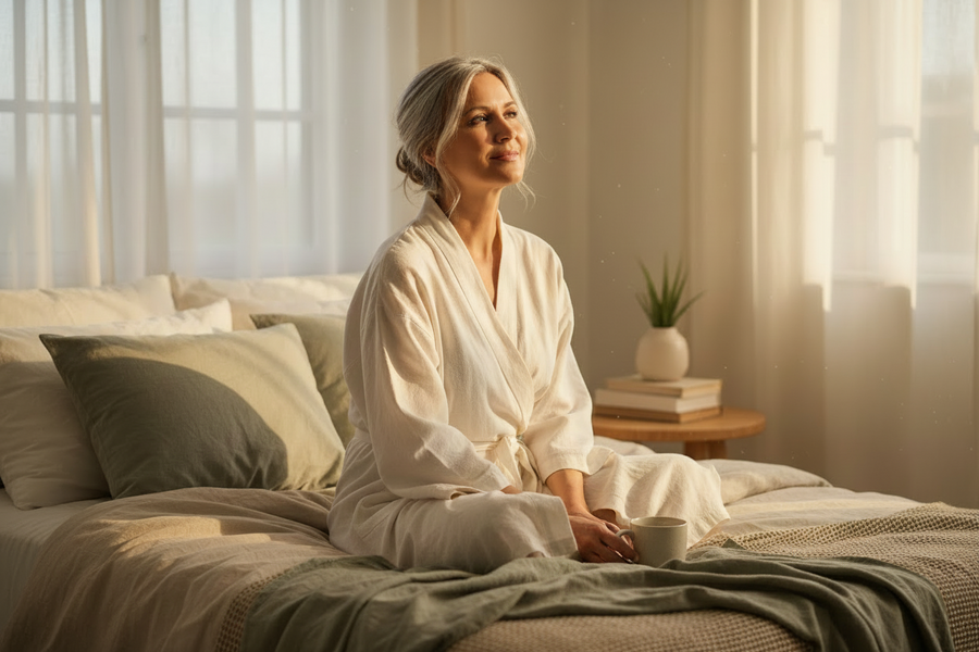 Editorial wellness photography, woman in her early 50s sitting peacefully on a sunlit bed, wrapped in a soft linen robe, gentle smile, hopeful and confident, warm morning light, beige, ivory and muted sage palette, premium lifestyle photography