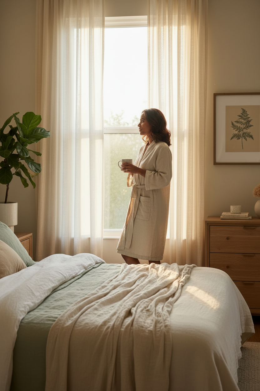 Editorial lifestyle photograph of a woman in her late 40s beside a bedroom window at sunrise, wearing an oatmeal linen robe and holding herbal tea.
