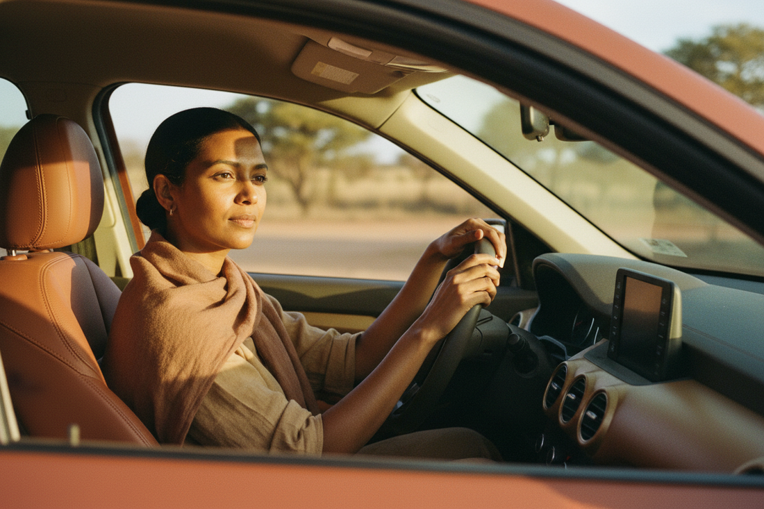 Woman sitting quietly in a sunlit car, golden light across her face in a reflective private moment