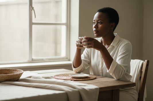 Woman sitting by a window in soft natural light, reflecting quietly with a cup of tea in hand