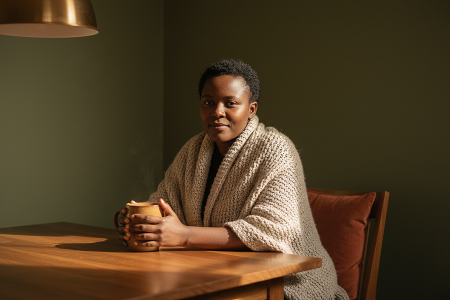 Woman sitting quietly at a wooden table in warm evening lamplight, holding a mug in a moment of reflection