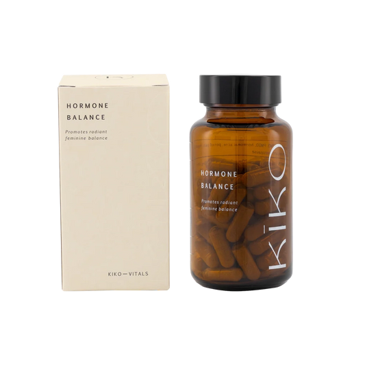Brown supplement bottle with 'Kiko' branding and beige box labeled 'Hormone Balance' on a white background
