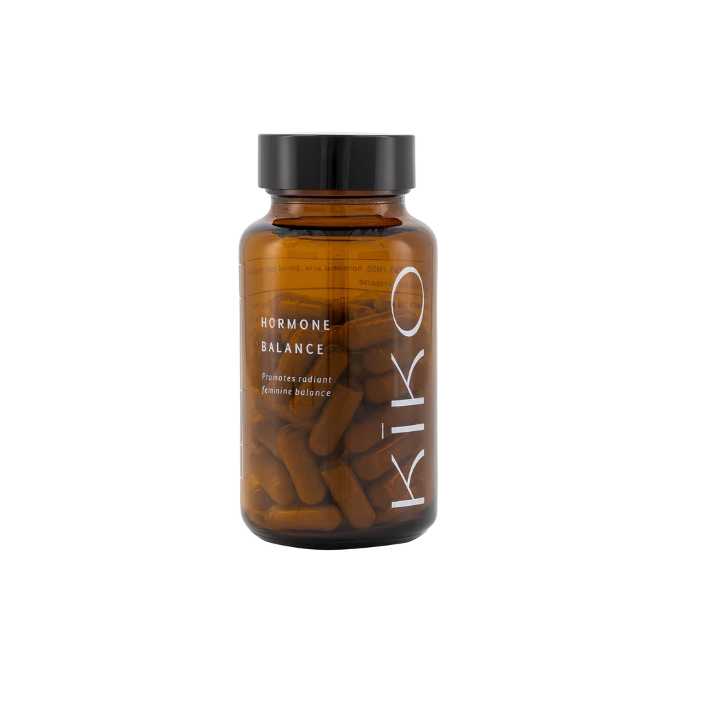 Brown supplement bottle labeled 'KIKO' with 'Hormone Balance' on a white background