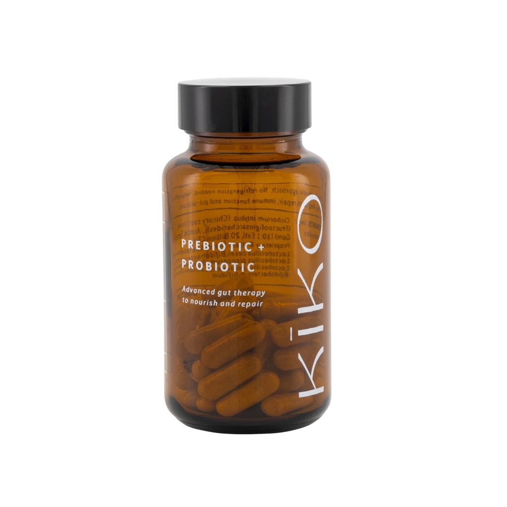 Brown supplement bottle labeled 'Kiko' with 'Prebiotic + Probiotic' on a white background