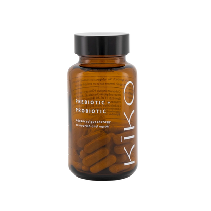 Brown supplement bottle labeled 'Kiko' with 'Prebiotic + Probiotic' on a white background