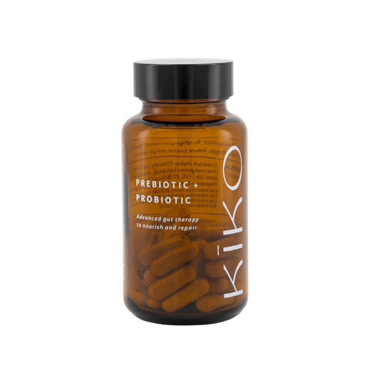 Brown supplement bottle labeled 'Kiko' with 'Prebiotic + Probiotic' on a white background