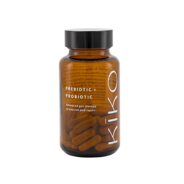 Brown supplement bottle labeled 'Kiko' with 'Prebiotic + Probiotic' on a white background