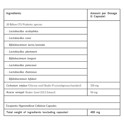 Table of probiotic supplement ingredients in Kiko Vitals Prebiotic & Probiotic Gut Balance & Wellbeing and their amounts per dosage