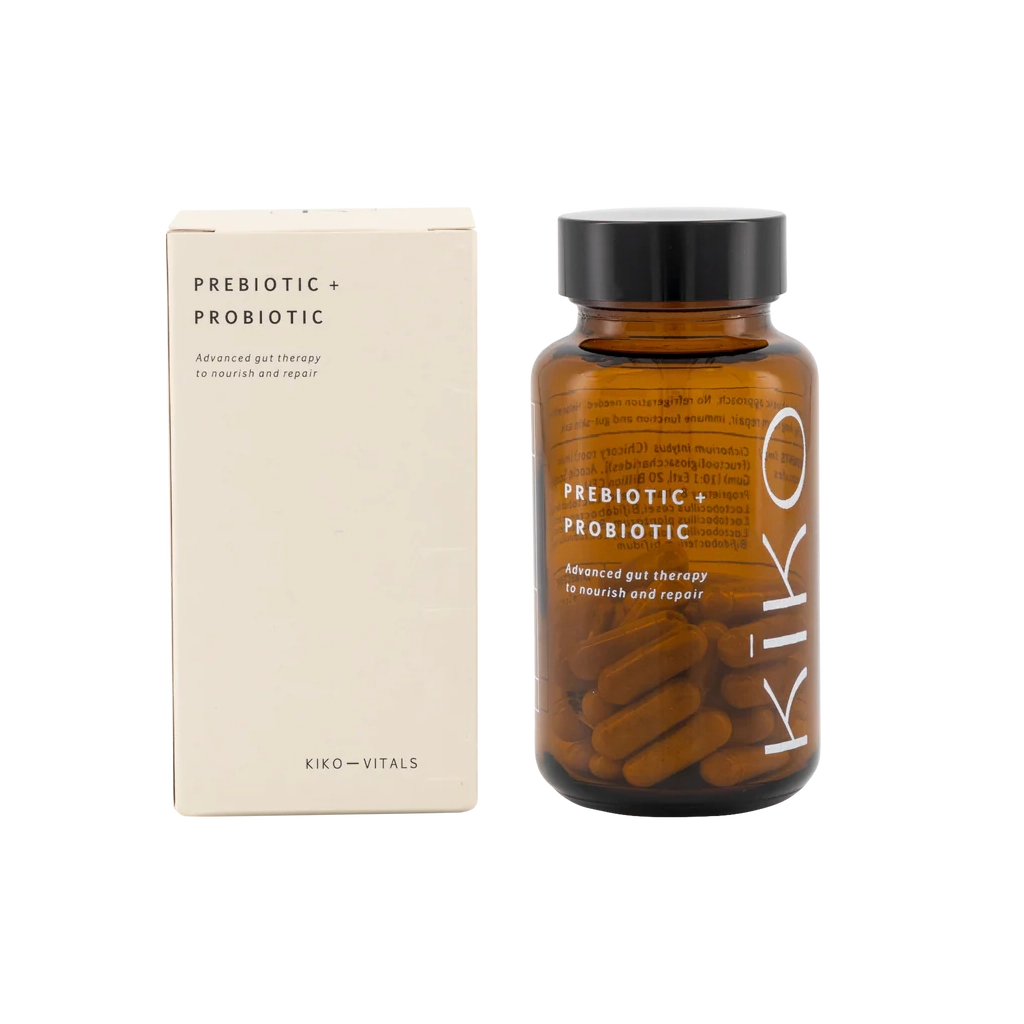 Kiko prebiotic and probiotic supplement bottle and packaging on a white background