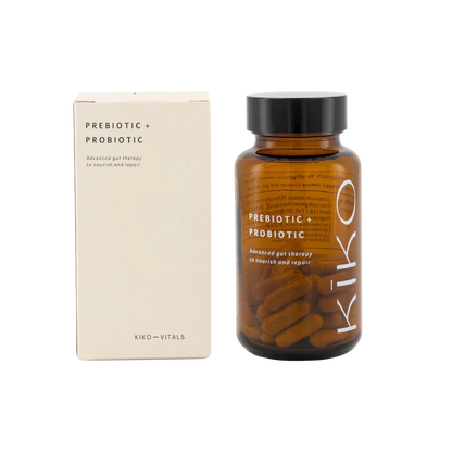 Kiko prebiotic and probiotic supplement bottle and packaging on a white background