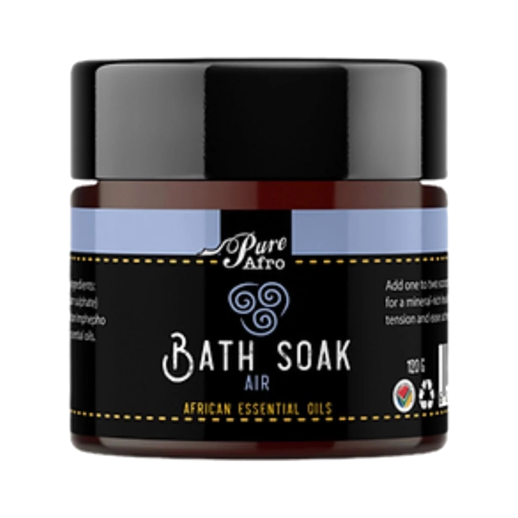 Jar of Pure Afro Bath Soak with black lid and label on a white background