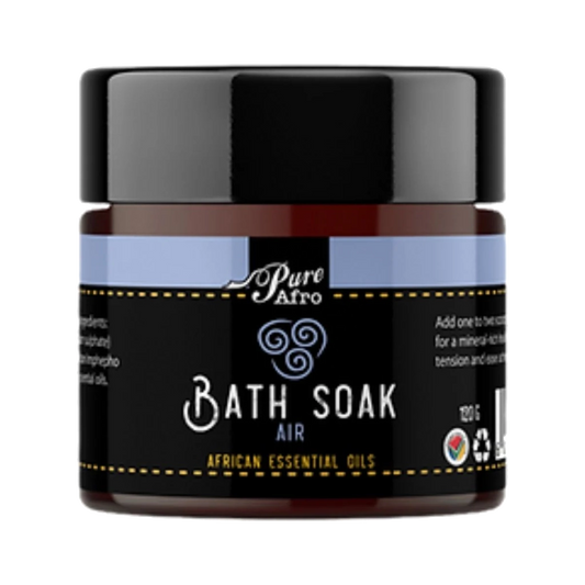 Jar of Pure Afro Bath Soak with black lid and label on a white background