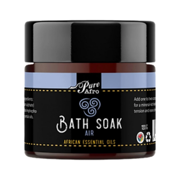 Jar of Pure Afro Bath Soak with black lid and label on a white background