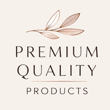 Logo with 'Premium Quality Products' text and leaf design on a beige background