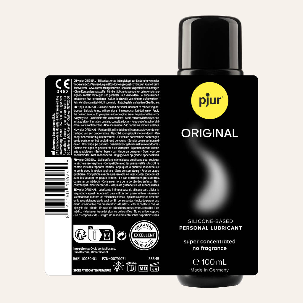 Silicone-based personal lubricant packaging with 'pjur' branding on a light gray background