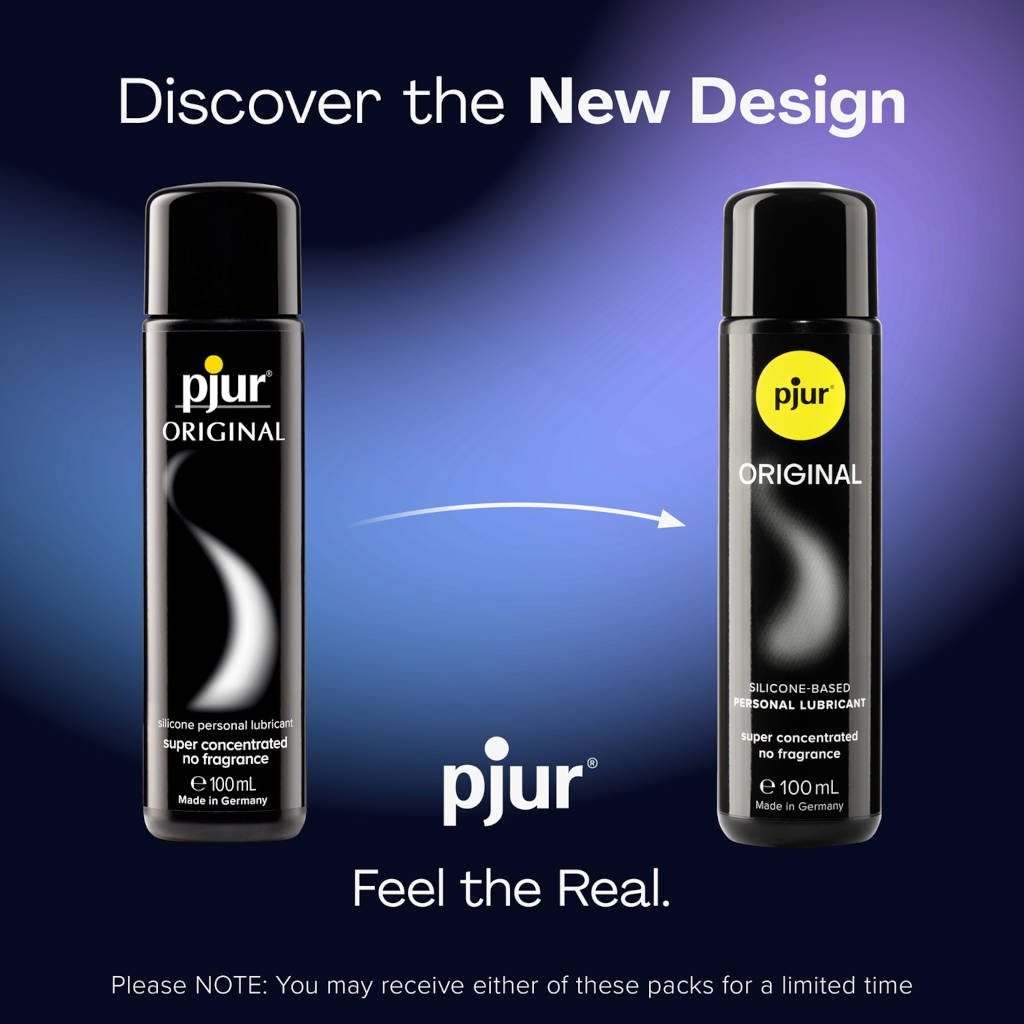 Two bottles of pjur Original lubricant on a dark blue background with text about discovering the new design.