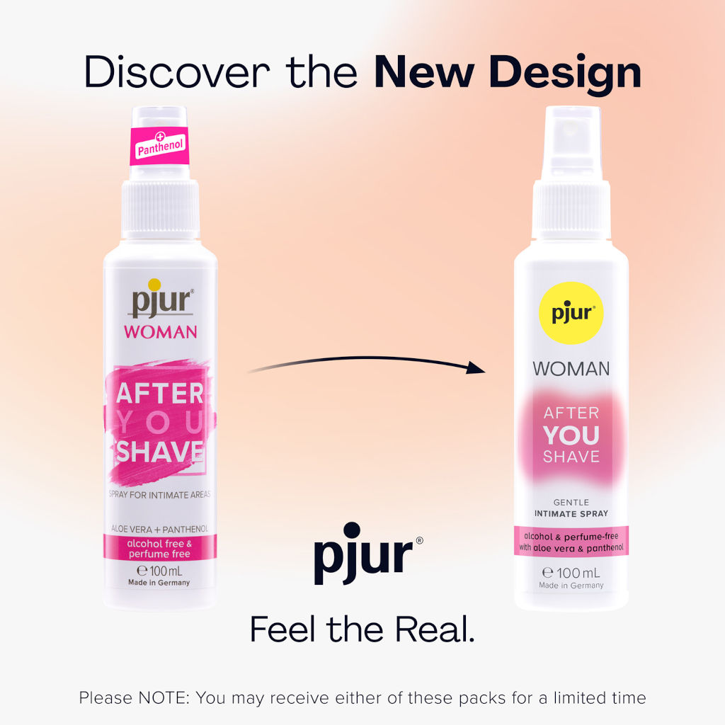 Two bottles of pjur Woman After You Shave on a gradient background with text about discovering the new design.