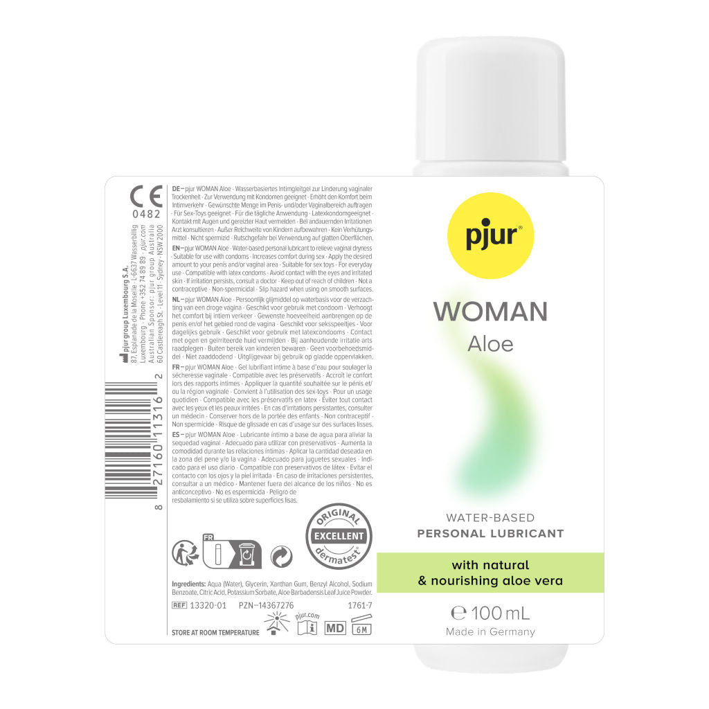 Pjur Woman Aloe personal lubricant bottle with label on a white background