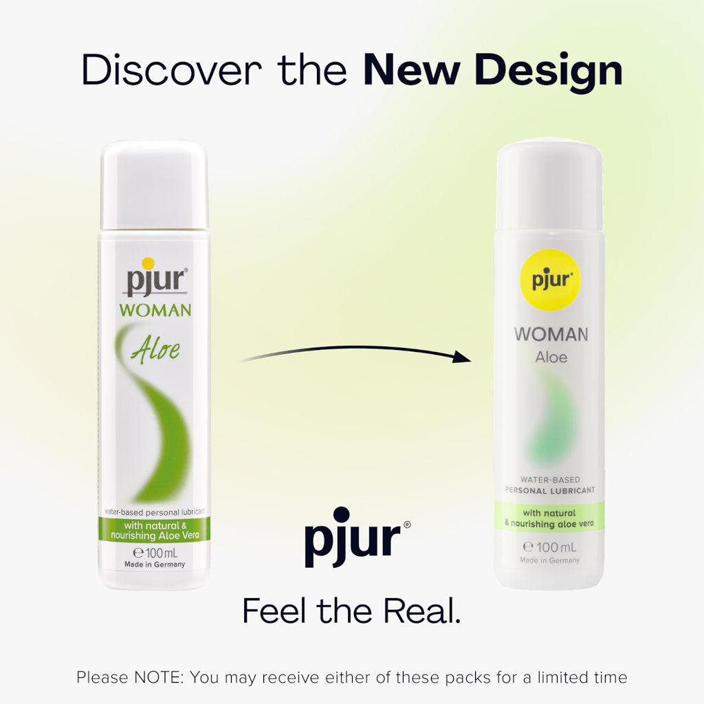 Two bottles of pjur Woman Aloe on a gradient background with promotional text.