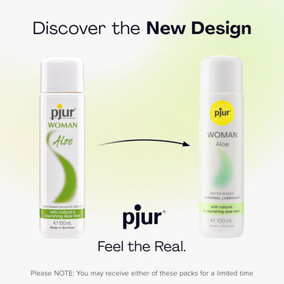 Two bottles of pjur Woman Aloe on a gradient background with promotional text.