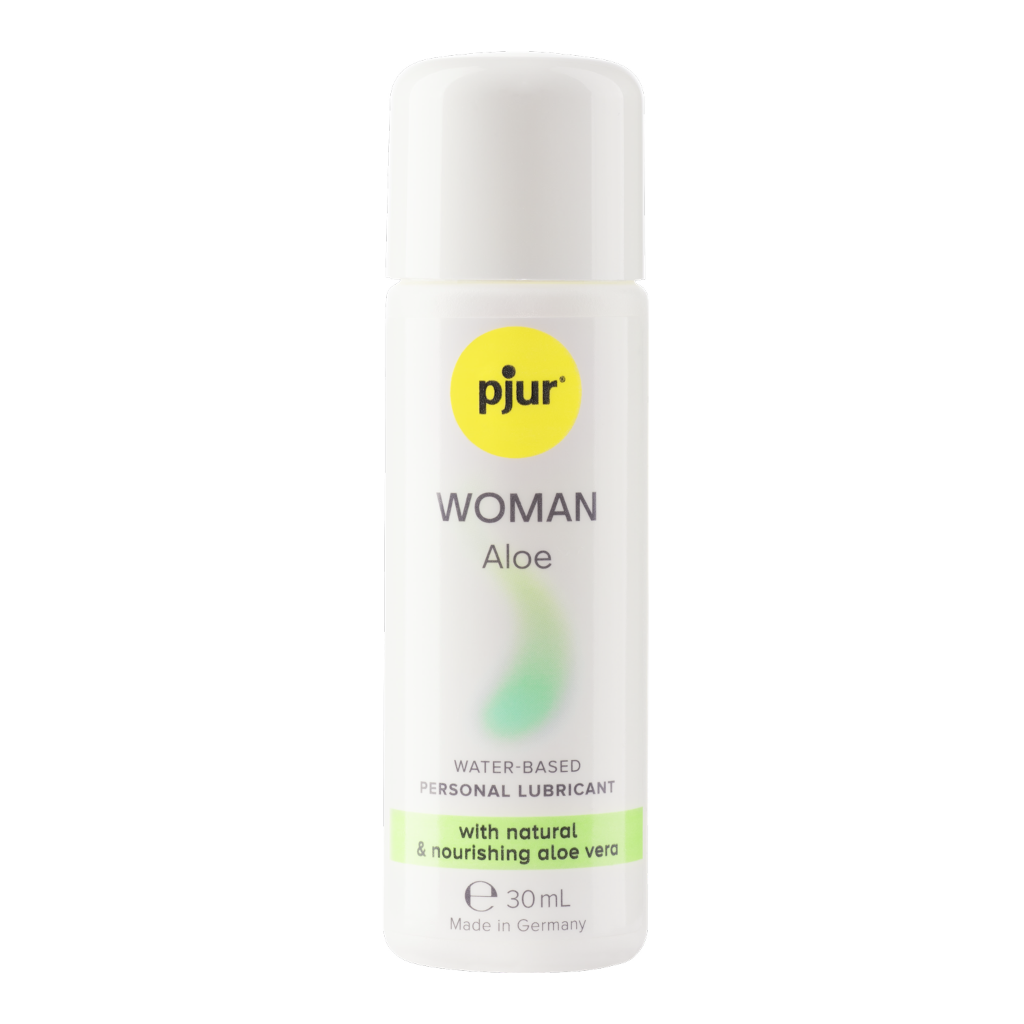 Bottle of pjur Woman Aloe water-based personal lubricant on a white background