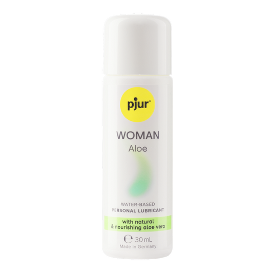 Bottle of pjur Woman Aloe water-based personal lubricant on a white background