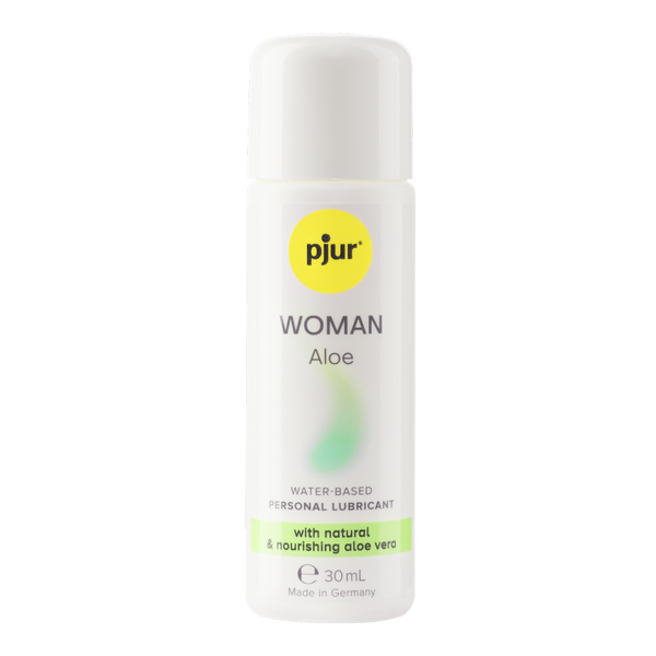 Bottle of pjur Woman Aloe water-based personal lubricant on a white background