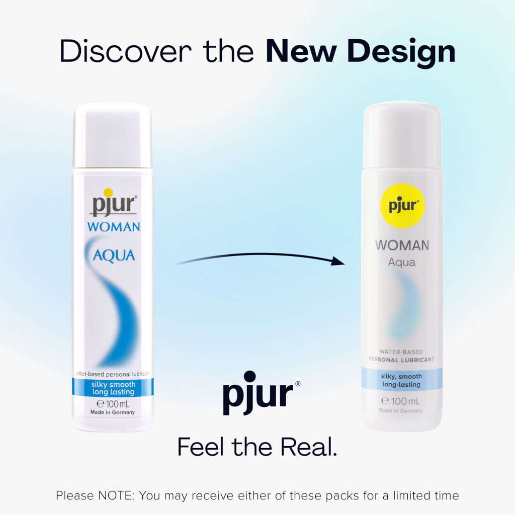 Two bottles of pjur Woman Aqua on a light blue background with text about discovering the new design.