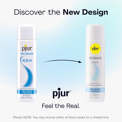 Two bottles of pjur Woman Aqua on a light blue background with text about discovering the new design.