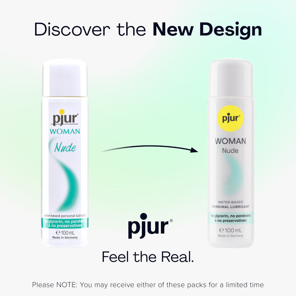 Two bottles of pjur WOMAN Nude lubricant with a gradient background and text about discovering the new design.