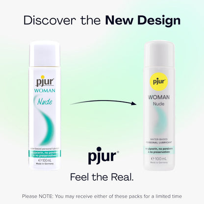 Two bottles of pjur WOMAN Nude lubricant with a gradient background and text about discovering the new design.