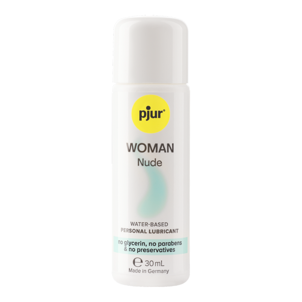 Bottle of pjur WOMAN Nude personal lubricant on a white background