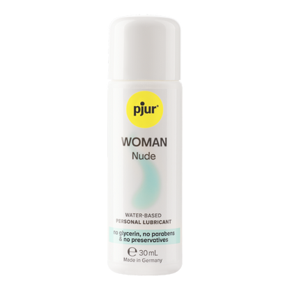Bottle of pjur WOMAN Nude personal lubricant on a white background