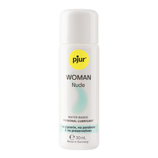 Bottle of pjur WOMAN Nude personal lubricant on a white background