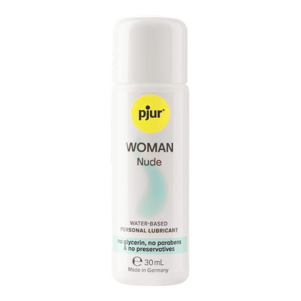 Bottle of pjur WOMAN Nude personal lubricant on a white background