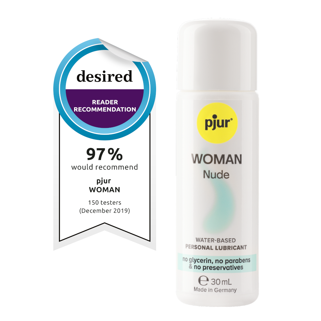 Pjur Woman Nude personal lubricant bottle with a 'desired' reader recommendation badge on a white background